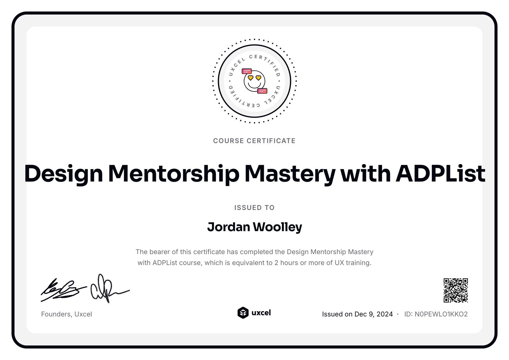 Jordan Woolley's certificate